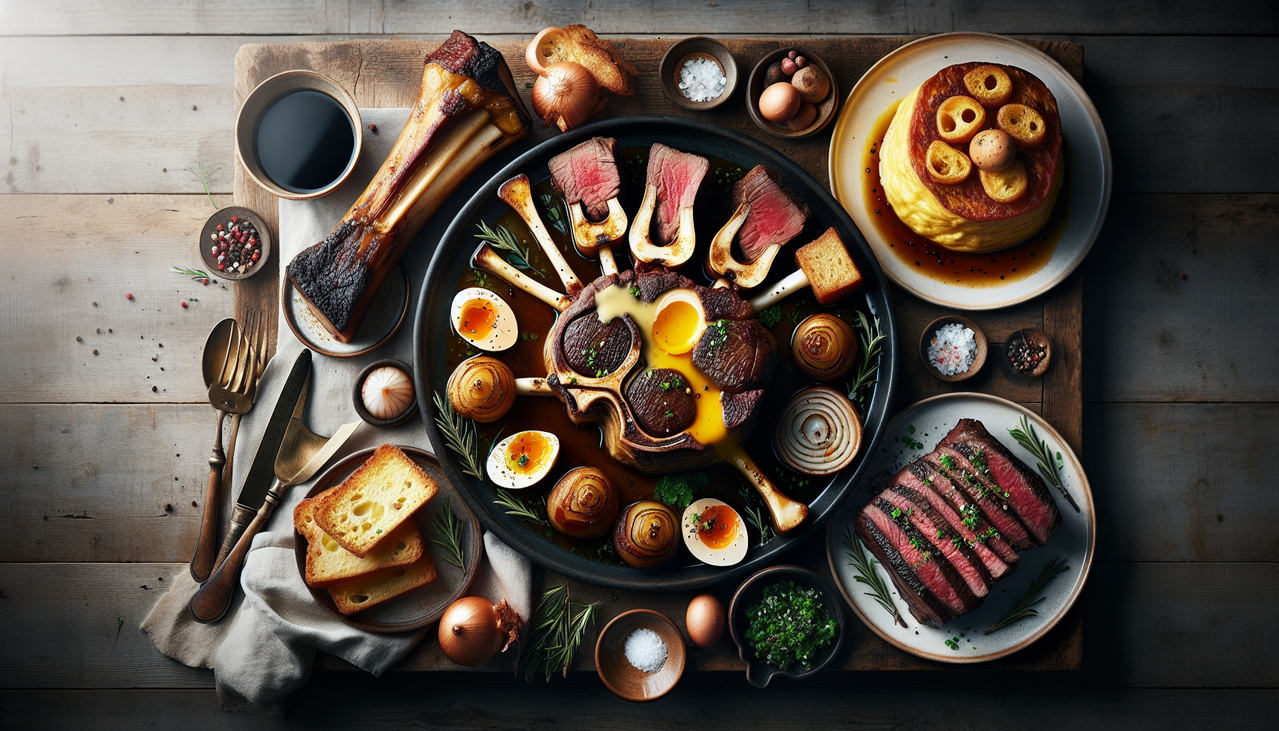 Afficher : "Assortiment de plats français avec Osso Bucco, Oeufs en meurette, Omelette et Onglet steak sur une table en bois rustique."